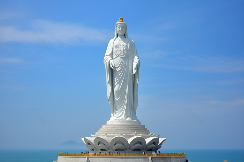 蓝天白云天气晴朗矗立在海边的观音石像摄影背景,高清,摄影图,摄影图片,图片大全,摄影图免费下载